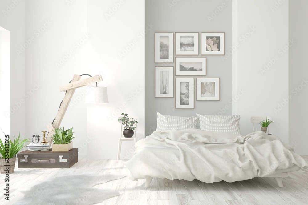 White bedroom interior. Scandinavian design. 3D illustration