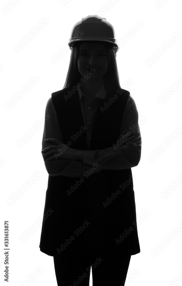 Silhouette of female engineer on white background