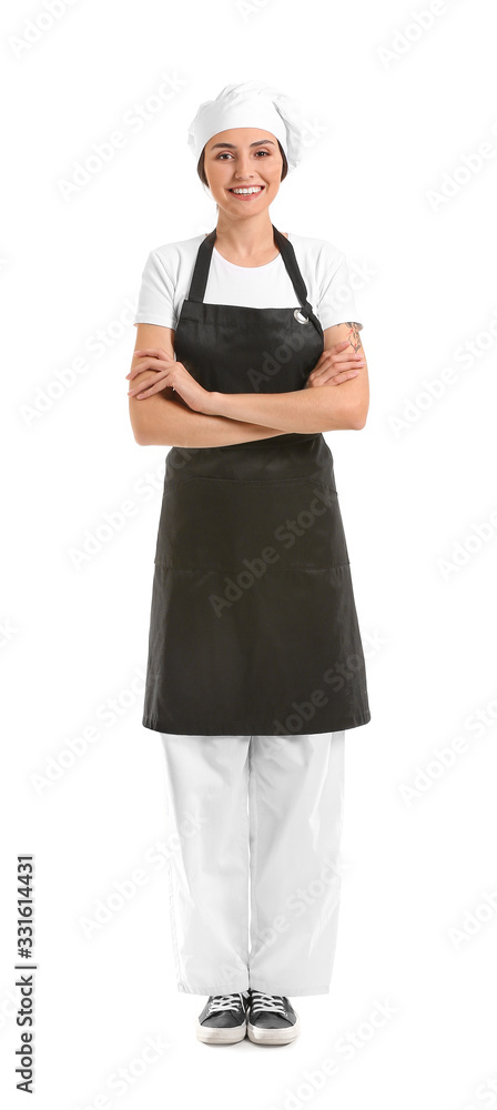 Portrait of female chef on white background