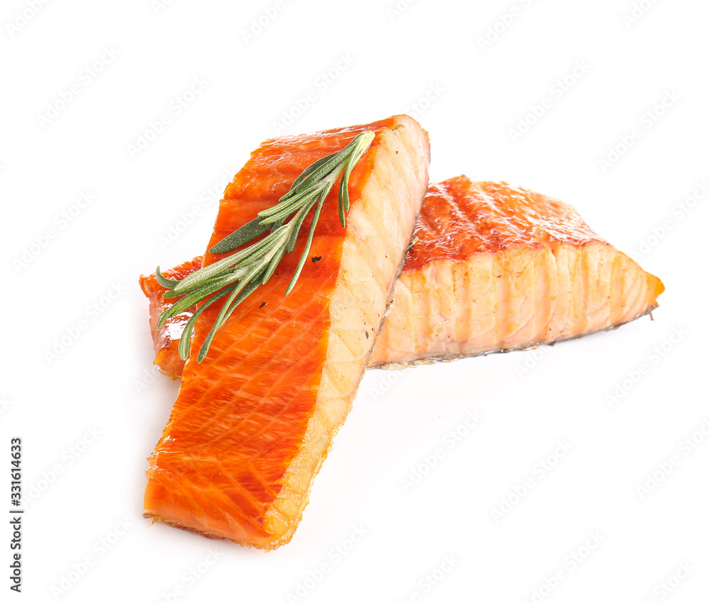 Cooked salmon fillet on white background