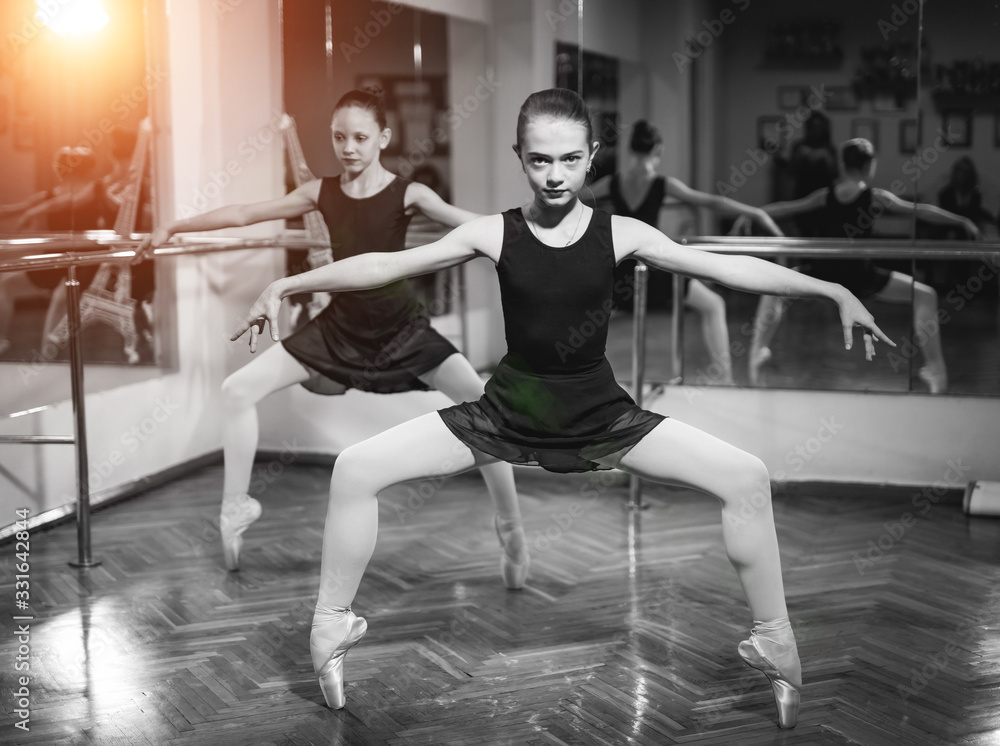 A pretty young ballet dancer, in dark clothes standing in pose over the mirror background. Beautiful