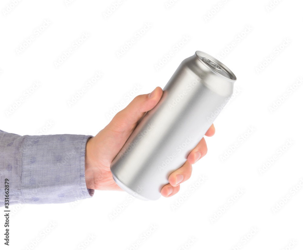 Hand holds metal beverage drink can isolated on white clipping path