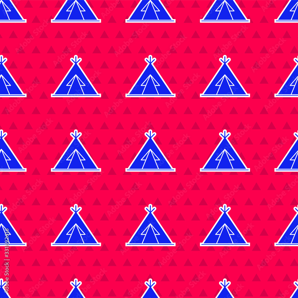 Blue Traditional indian teepee or wigwam icon isolated seamless pattern on red background. Indian te