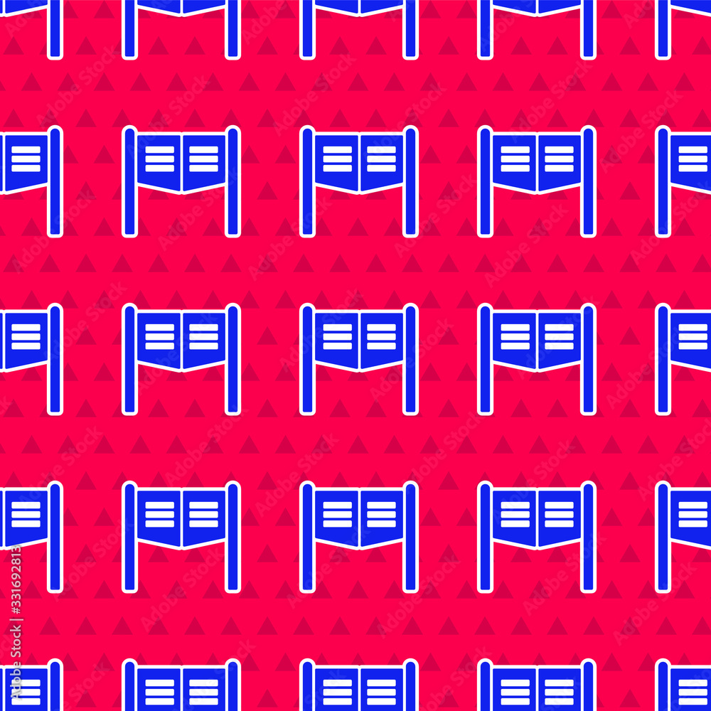 Blue Old western swinging saloon door icon isolated seamless pattern on red background. Vector Illus