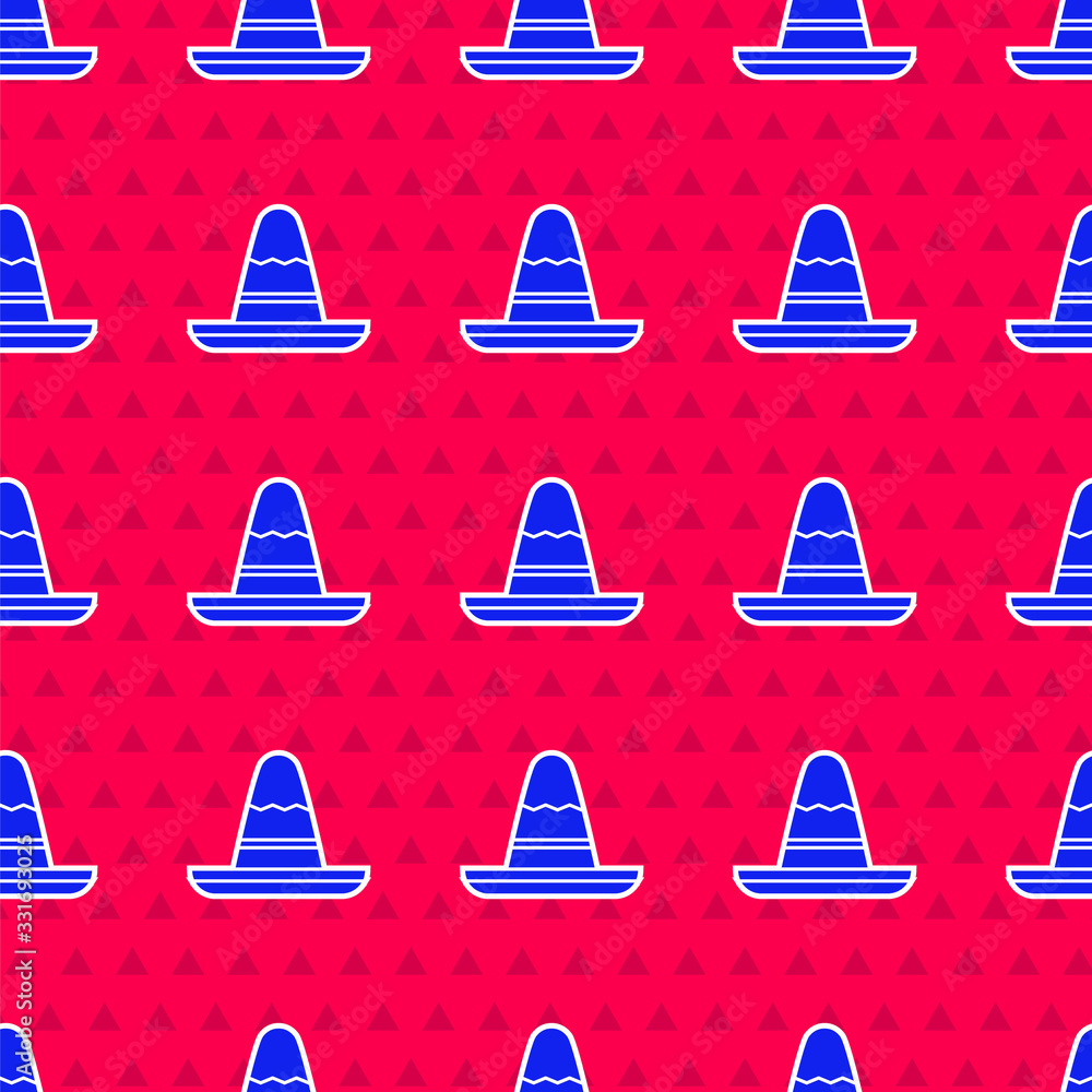 Blue Traditional mexican sombrero hat icon isolated seamless pattern on red background. Vector Illus