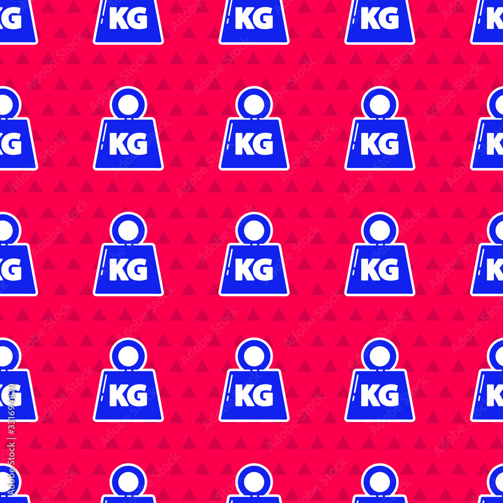 Blue Weight icon isolated seamless pattern on red background. Kilogram weight block for weight lifti