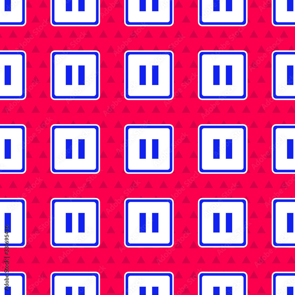 Blue Pause button icon isolated seamless pattern on red background. Vector Illustration