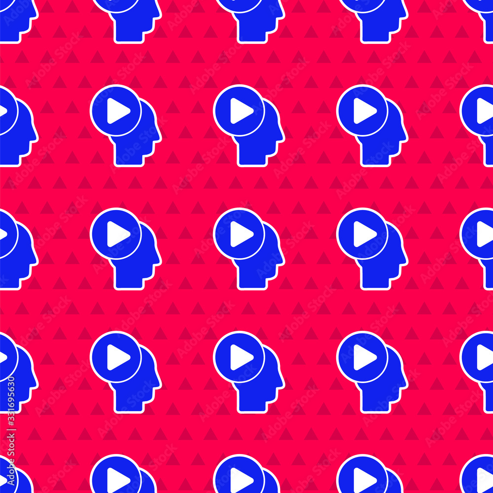 Blue Head people with play button icon isolated seamless pattern on red background. Vector Illustrat