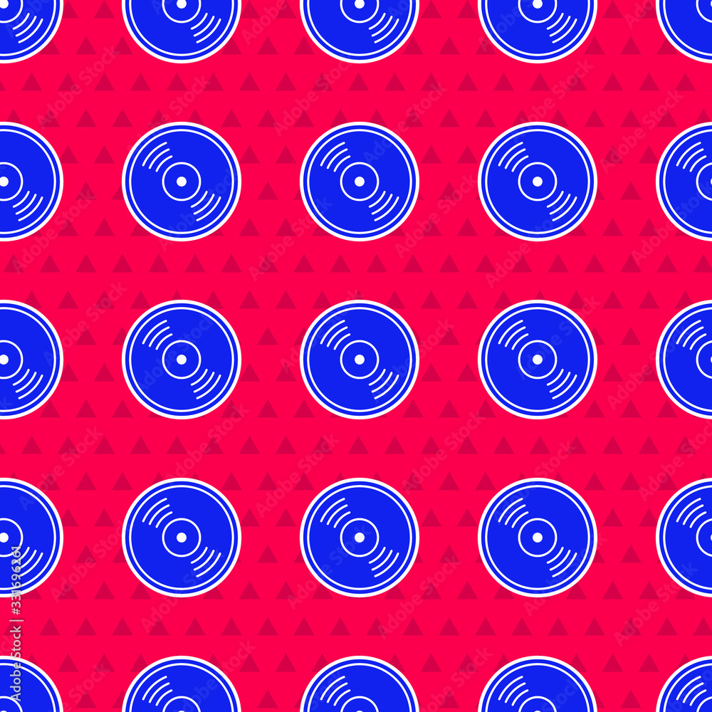 Blue Vinyl disk icon isolated seamless pattern on red background. Vector Illustration