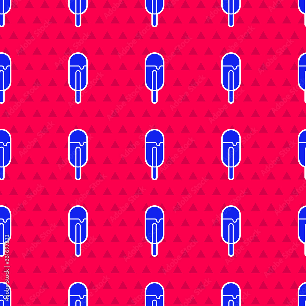 Blue Ice cream icon isolated seamless pattern on red background. Sweet symbol. Vector Illustration