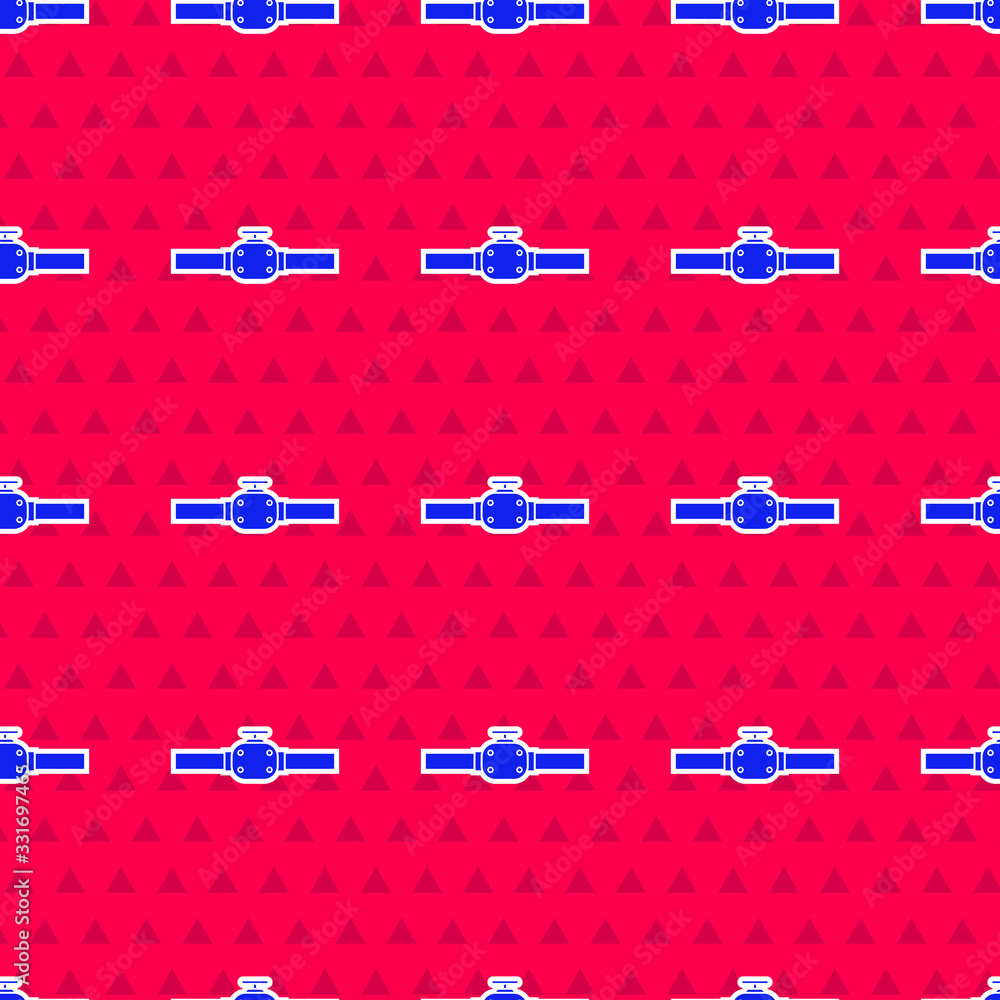 Blue Industry metallic pipes and valve icon isolated seamless pattern on red background. Vector Illu