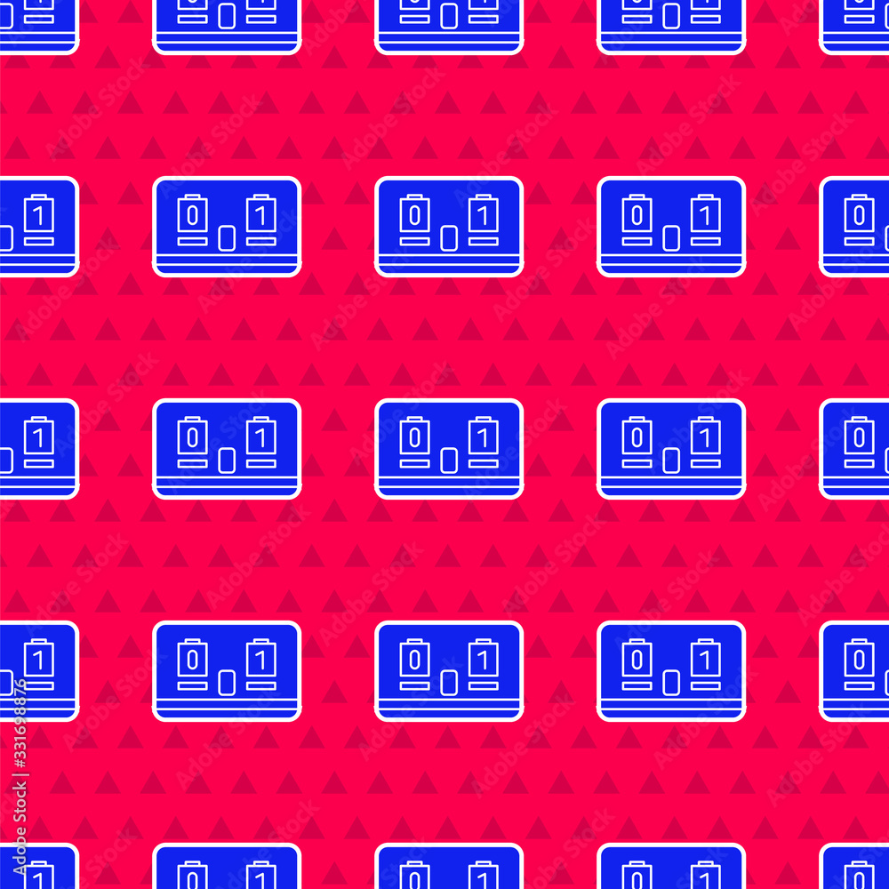 Blue Sport hockey mechanical scoreboard and result display icon isolated seamless pattern on red bac