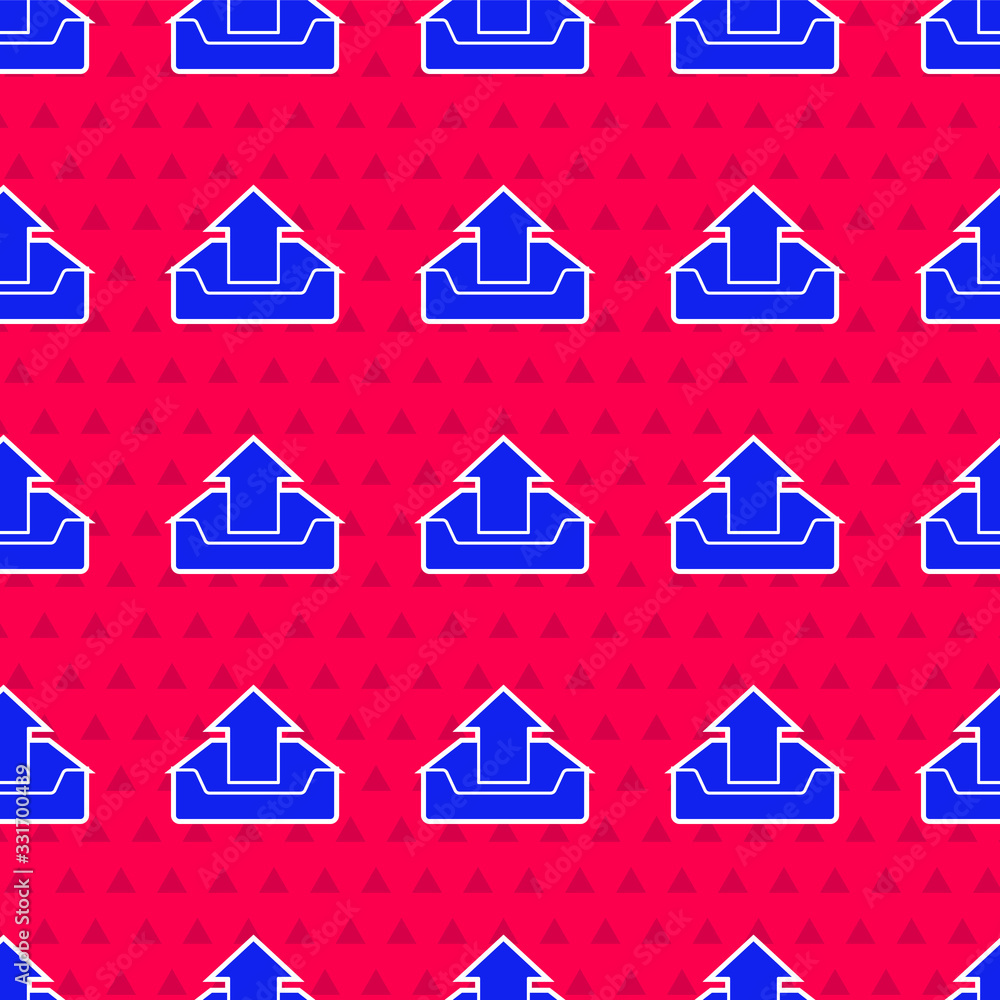 Blue Upload inbox icon isolated seamless pattern on red background. Vector Illustration