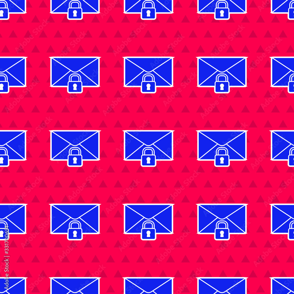 Blue Mail message lock password icon isolated seamless pattern on red background. Envelope with padl