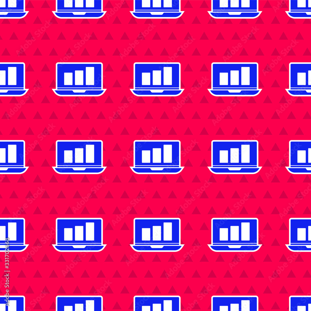 Blue Laptop with graph chart icon isolated seamless pattern on red background. Report text file icon