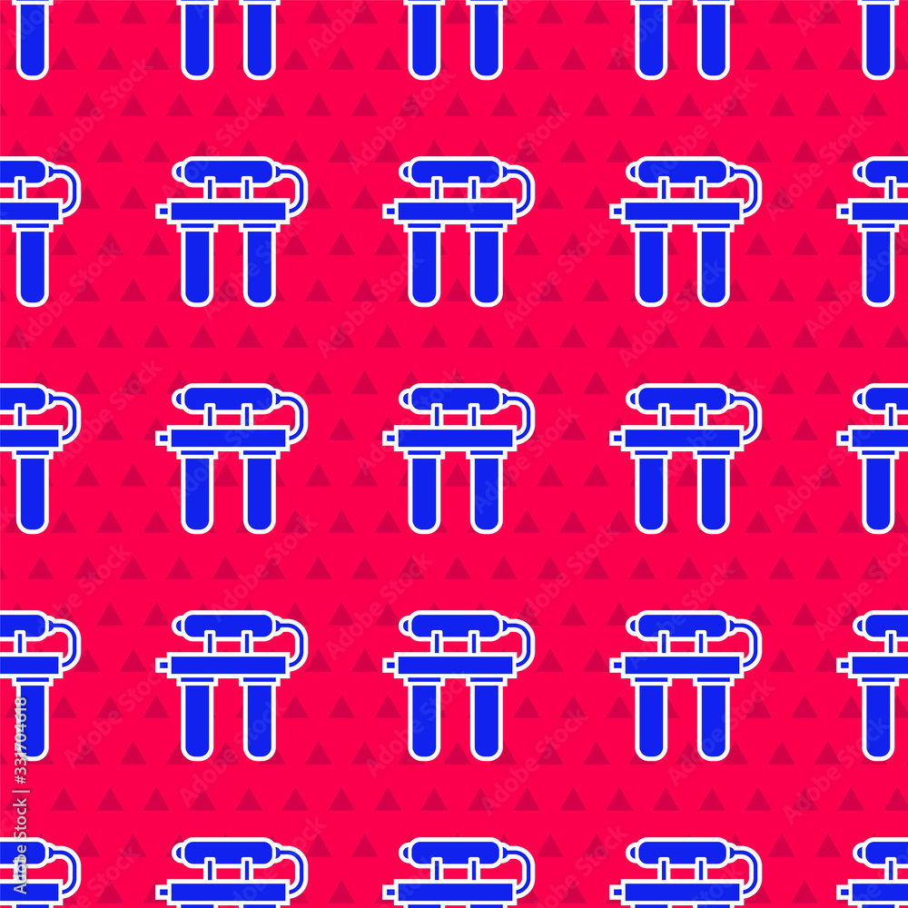 Blue Water filter icon isolated seamless pattern on red background. System for filtration of water. 