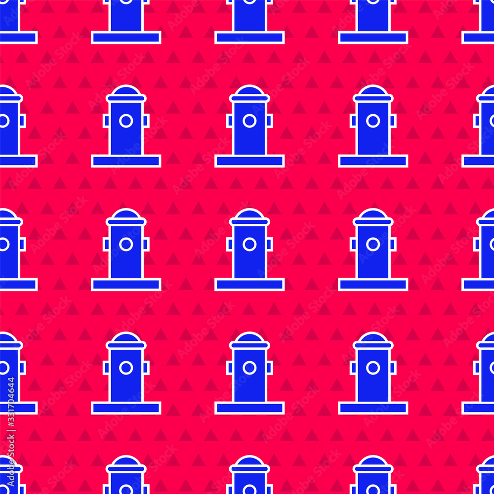 Blue Fire hydrant icon isolated seamless pattern on red background. Vector Illustration