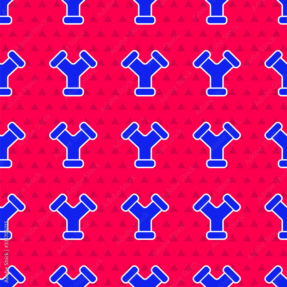 Blue Industry metallic pipe icon isolated seamless pattern on red background. Plumbing pipeline part