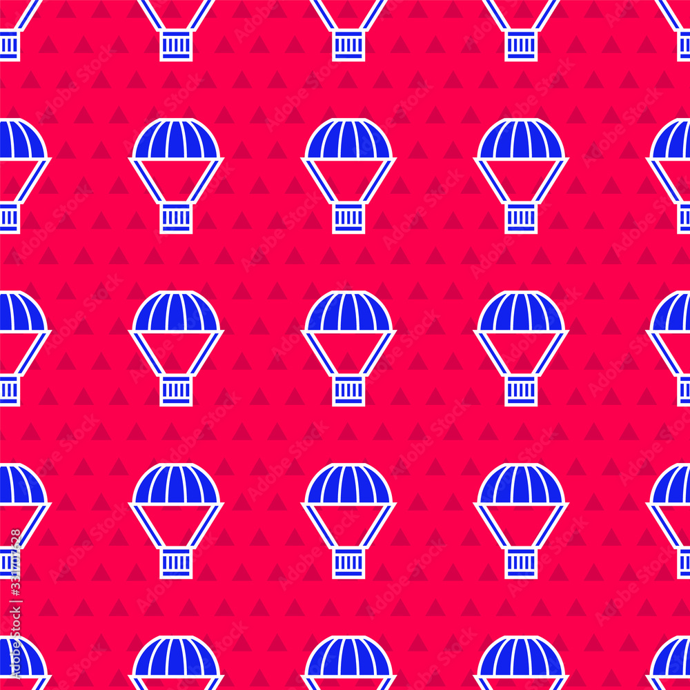 Blue Box flying on parachute icon isolated seamless pattern on red background. Parcel with parachute