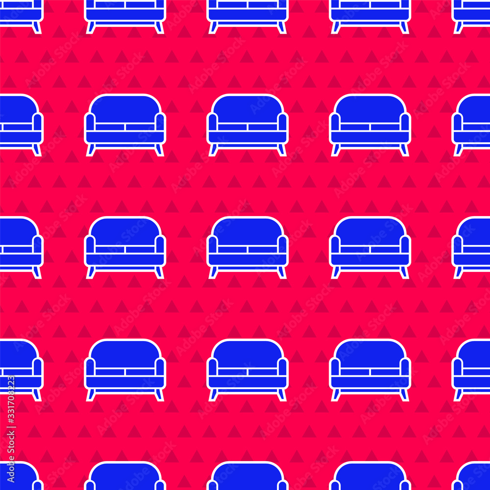 Blue Sofa icon isolated seamless pattern on red background. Vector Illustration