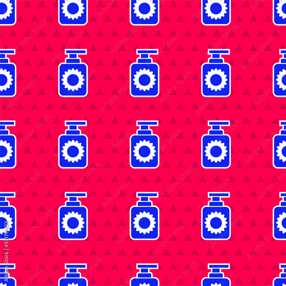 Blue Sunscreen spray bottle icon isolated seamless pattern on red background. Protection for the ski