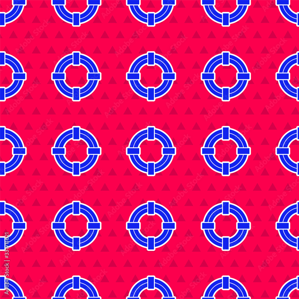 Blue Lifebuoy icon isolated seamless pattern on red background. Life saving floating lifebuoy for be