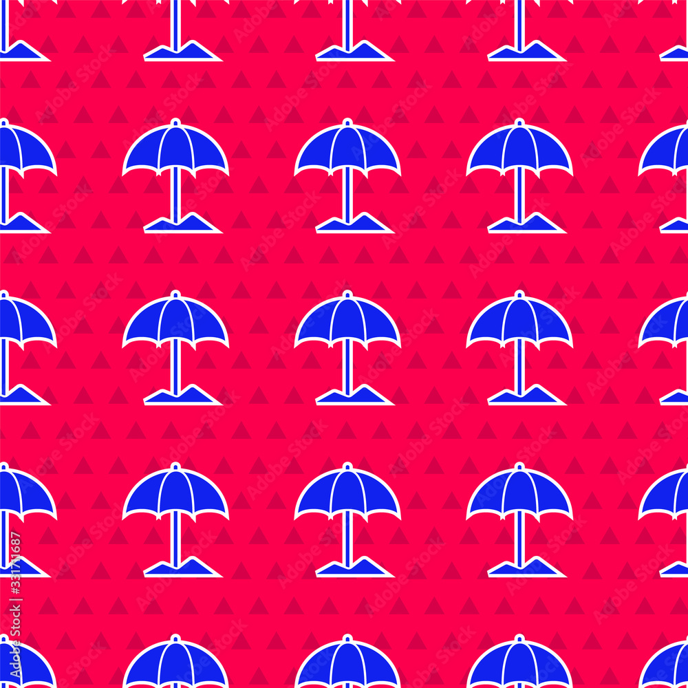 Blue Sun protective umbrella for beach icon isolated seamless pattern on red background. Large paras