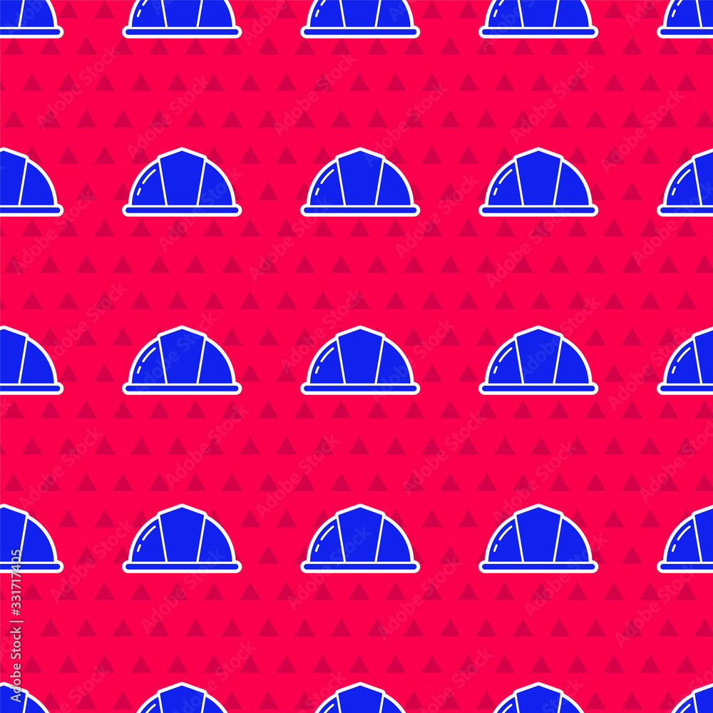 Blue Worker safety helmet icon isolated seamless pattern on red background. Vector Illustration