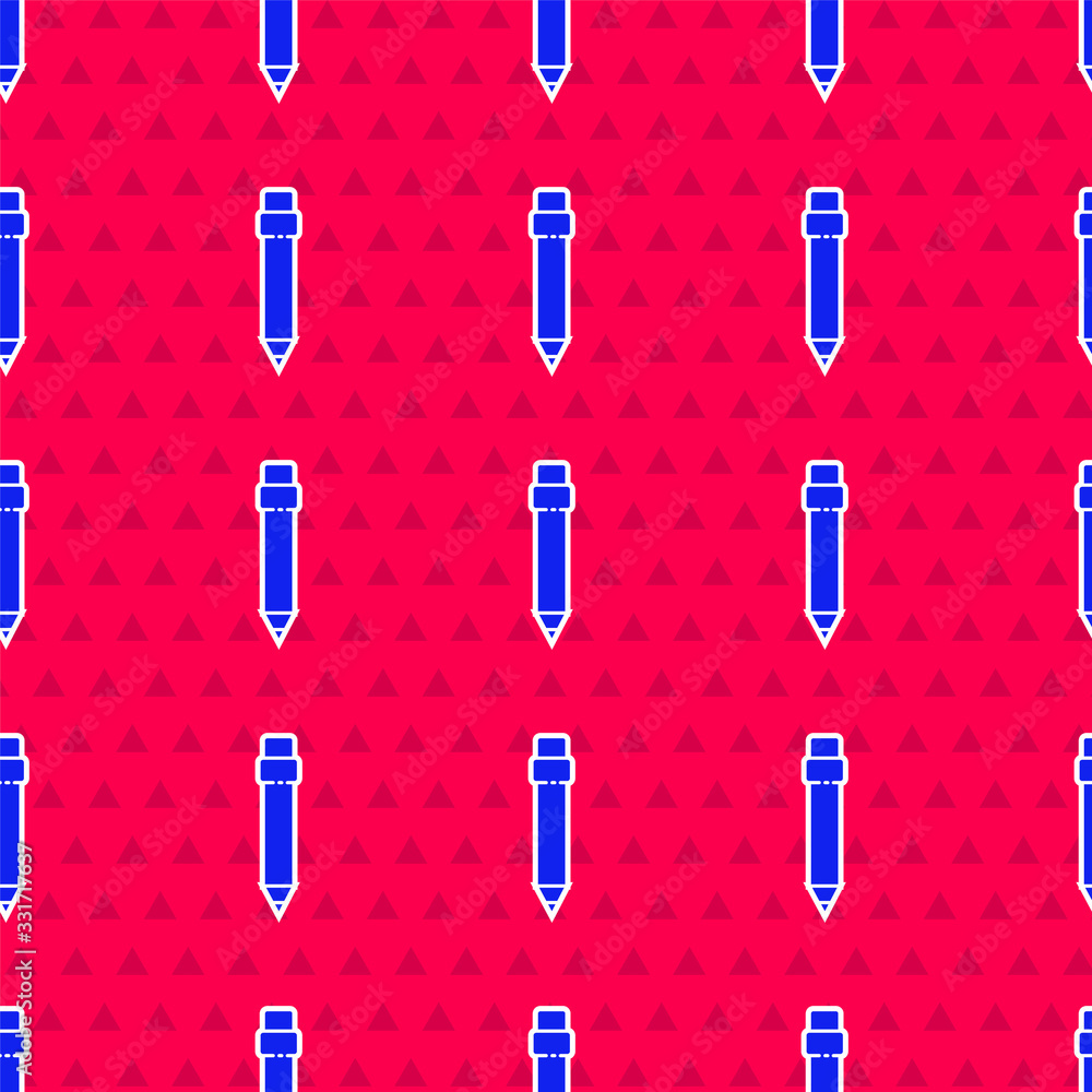 Blue Pencil with eraser icon isolated seamless pattern on red background. Drawing and educational to