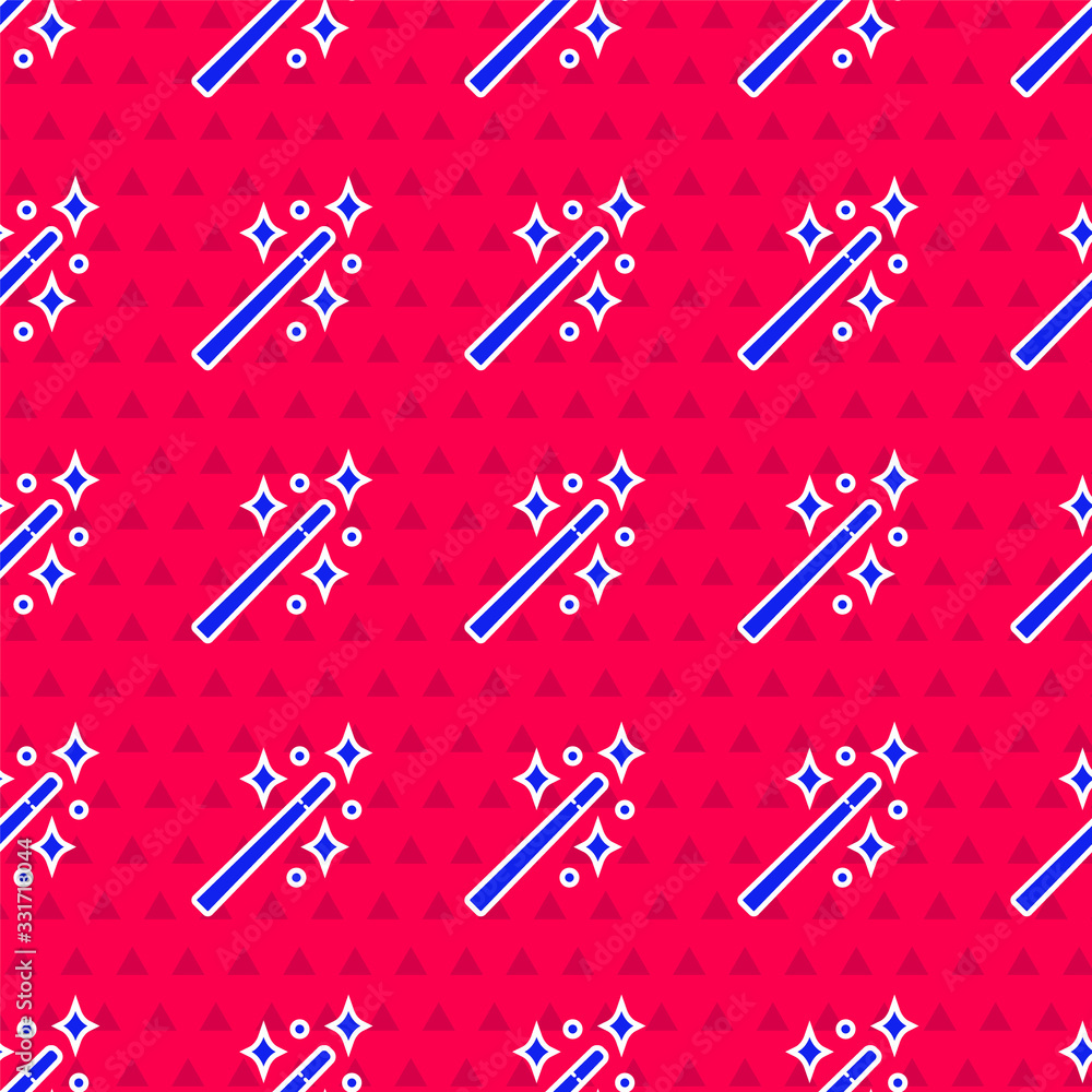 Blue Magic wand icon isolated seamless pattern on red background. Star shape magic accessory. Magica