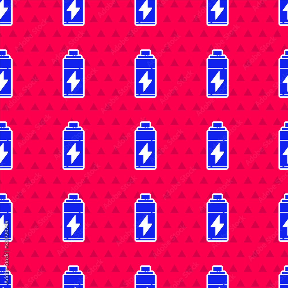 Blue Battery icon isolated seamless pattern on red background. Lightning bolt symbol. Vector Illustr