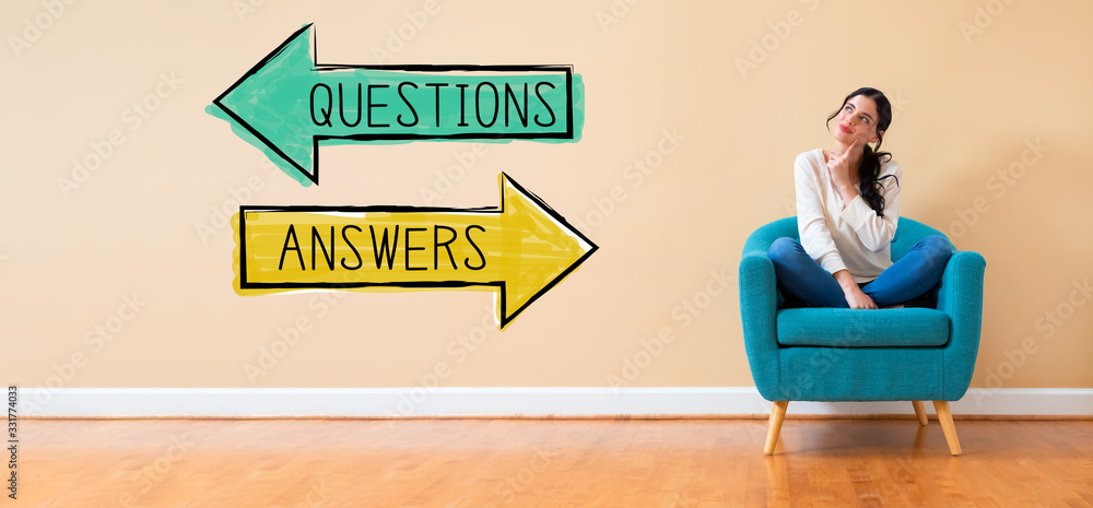 Questions and answers with woman in a thoughtful pose in a chair