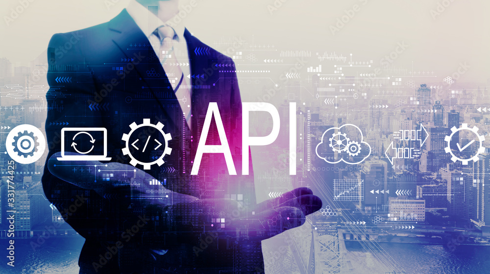 API - application programming interface concept with businessman on a city background