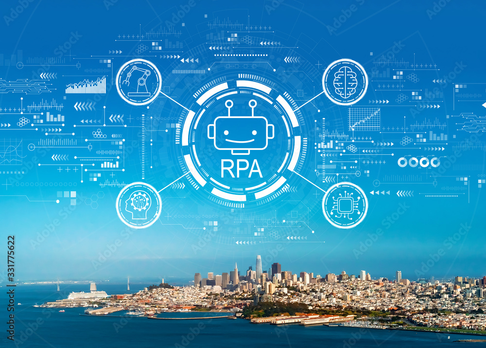 Robotic process automation concept with aerial view of the bay in San Francisco