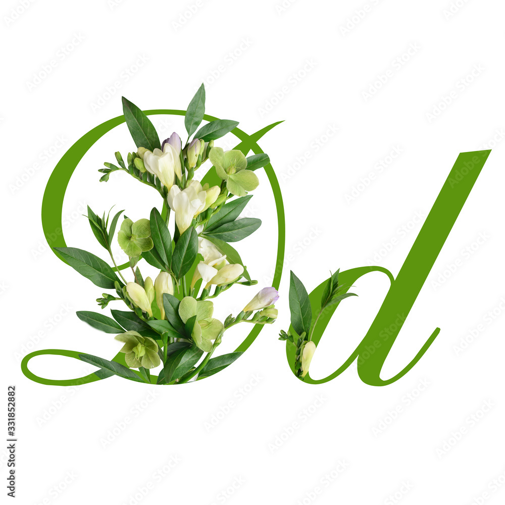 Letter D with beautiful flowers on white background