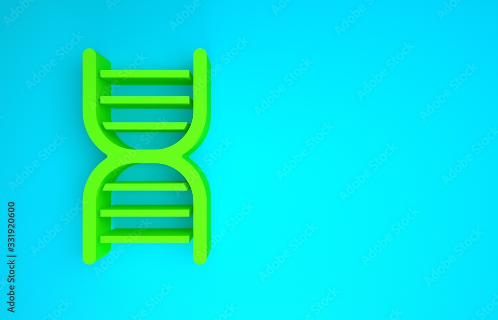 蓝色背景上隔离的绿色DNA符号图标。极简主义概念。3d插图3d渲染