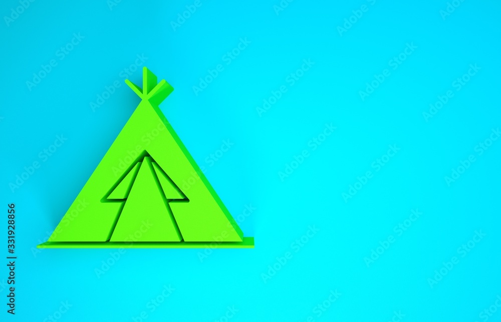 Green Traditional indian teepee or wigwam icon isolated on blue background. Indian tent. Minimalism 