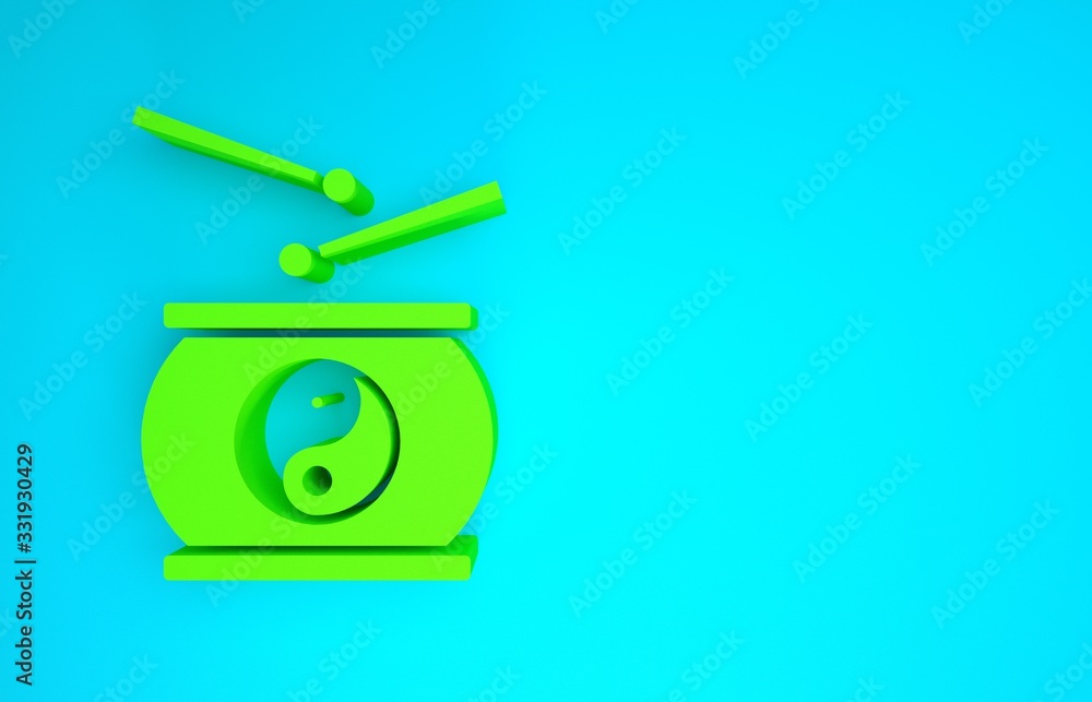 Green Chinese drum icon isolated on blue background. Traditional asian percussion instrument Taiko o