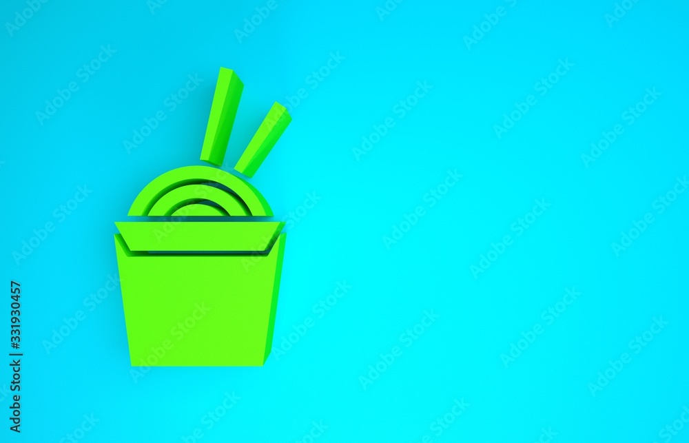 Green Asian noodles in paper box and chopsticks icon isolated on blue background. Street fast food. 