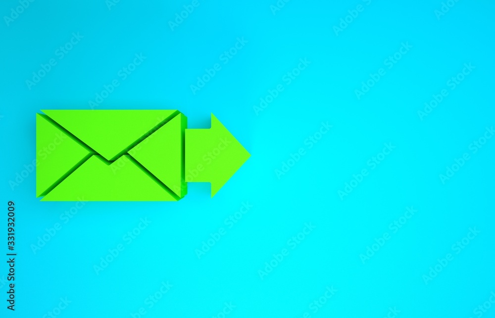 Green Envelope icon isolated on blue background. Email message letter symbol. Minimalism concept. 3d