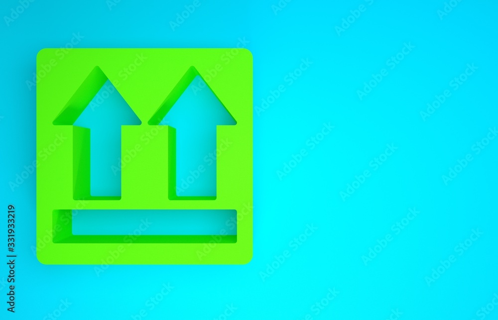 Green This side up icon isolated on blue background. Two arrows indicating top side of packaging. Ca