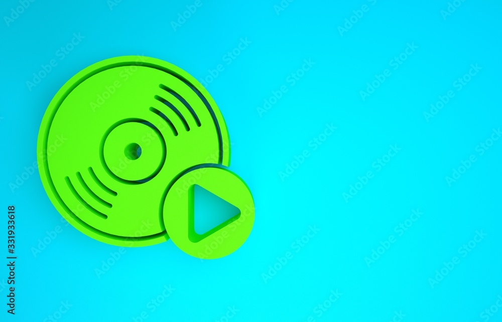 Green Vinyl disk icon isolated on blue background. Minimalism concept. 3d illustration 3D render