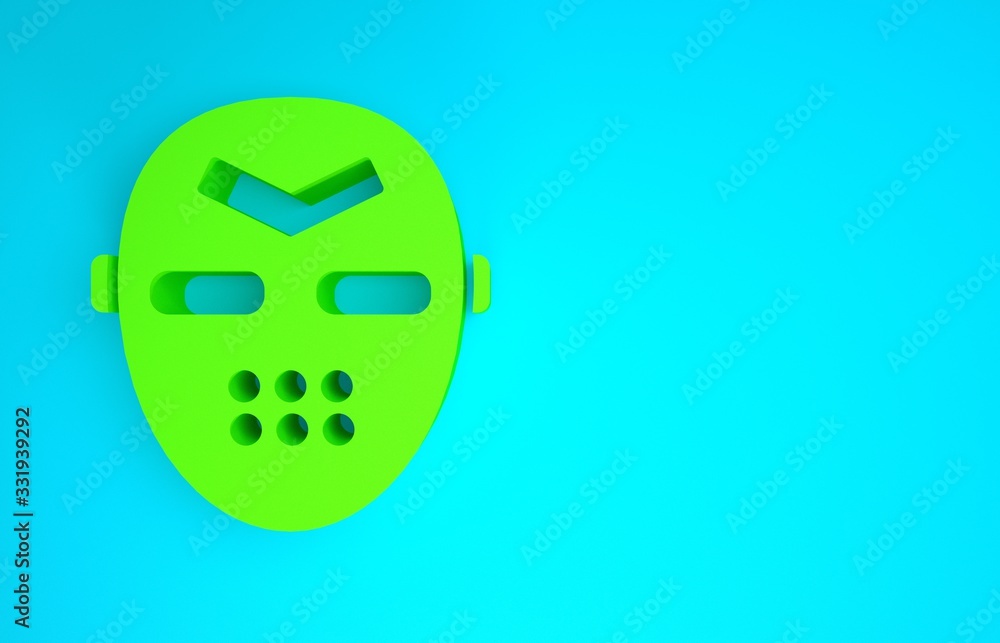 Green Hockey mask icon isolated on blue background. Minimalism concept. 3d illustration 3D render