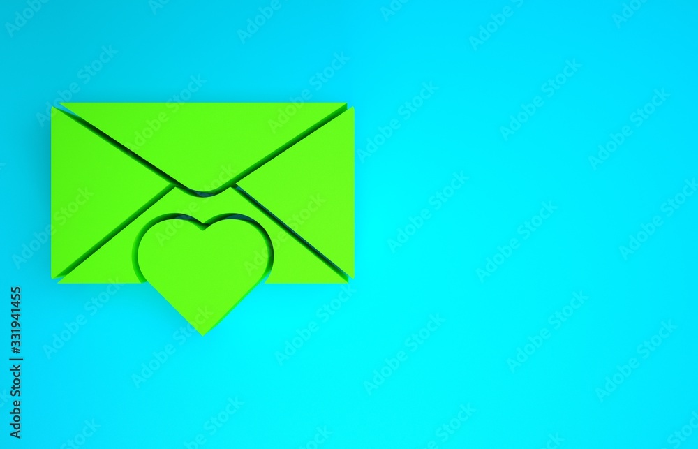 Green Envelope with Valentine heart icon isolated on blue background. Message love. Letter love and 