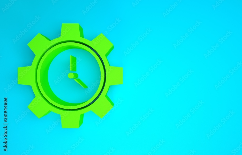 Green Time Management icon isolated on blue background. Clock and gear sign. Productivity symbol. Mi