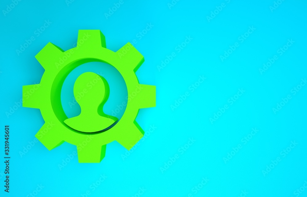 Green Human with gear inside icon isolated on blue background. Artificial intelligence. Thinking bra