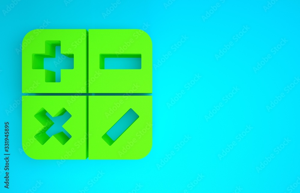 Green Calculator icon isolated on blue background. Accounting symbol. Business calculations mathemat