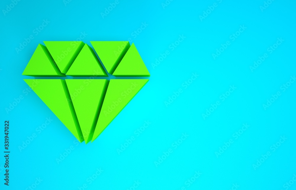 Green Diamond icon isolated on blue background. Jewelry symbol. Gem stone. Minimalism concept. 3d il