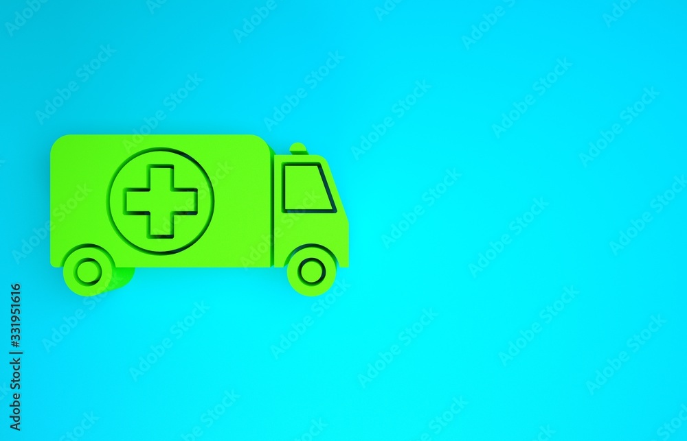 Green Ambulance and emergency car icon isolated on blue background. Ambulance vehicle medical evacua