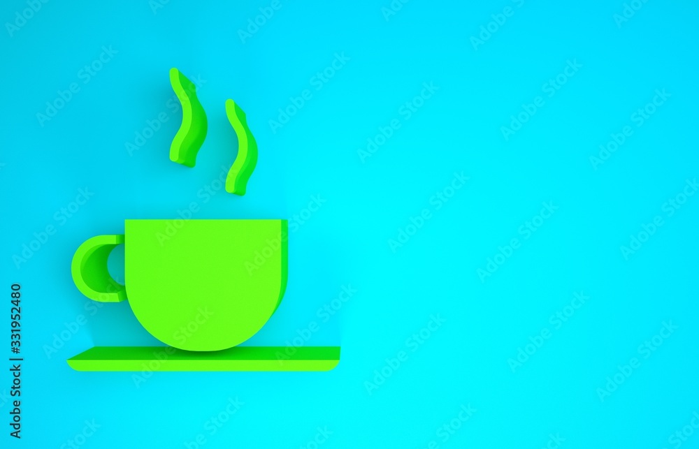 Green Coffee cup icon isolated on blue background. Tea cup. Hot drink coffee. Minimalism concept. 3d